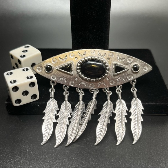 Vintage Pewter Southwestern Brooch Pin JJ Jonette Fashion Jewelry Feathers 1980s - Picture 4 of 5